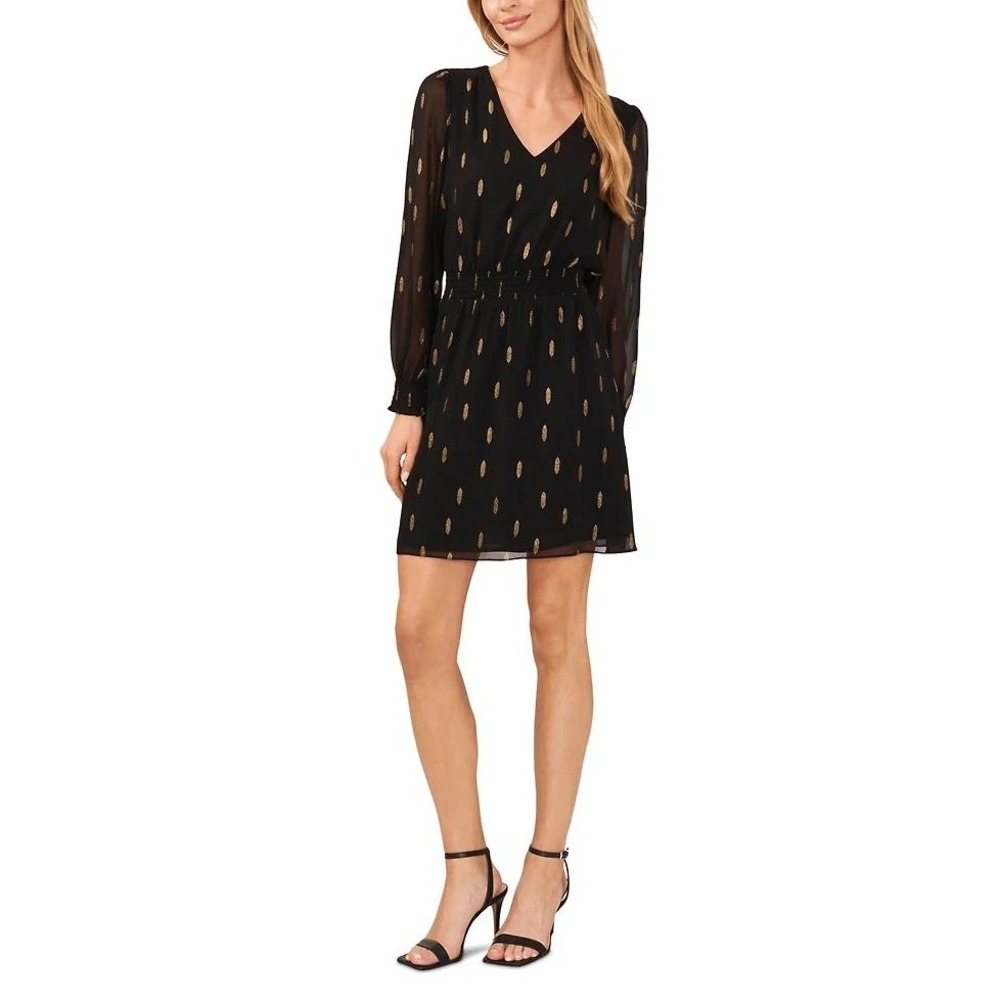 Halogen Black Gold Metallic‎ Print V Neck Long Sleeve Smocked Waist Mini Dress L